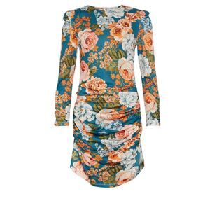 Oasis floral long sleeve Mini Dress Large Green Ruched Tissue Crepe Draped